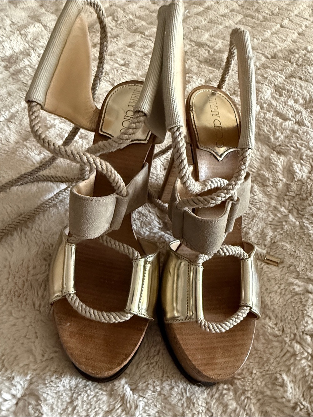 Jimmy Choo Beige and Gold Rope-Wrap High Heel Sandals 37.5
